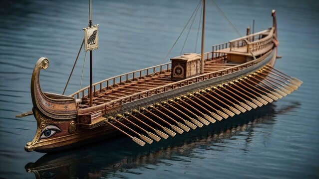 Miniature ancient trireme galley with parallel oars on a calm sea.