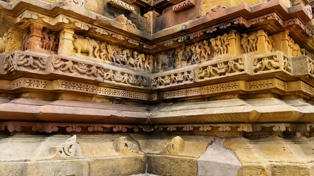 Khajuraho. Chaunsat Yogini Temple. Dedicated to the goddess Kali. Unesco World Heritage Siteing bas relief panorama, Lakshmana Temple, Khajuraho, India. Unesco World Heritage Site

