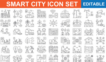 Smart city icon set with editable line style graphics © MdShamimAhmed