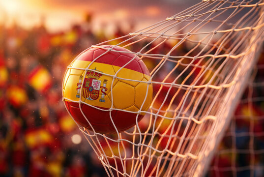 Spain Soccer Ball in Goal Net with Fans Celebrating