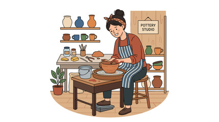 Illustration of a woman with a headband on a pottery wheel crafting ceramics in her studio