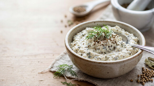 Herbal quark cheese bowl with fresh dill and seeds