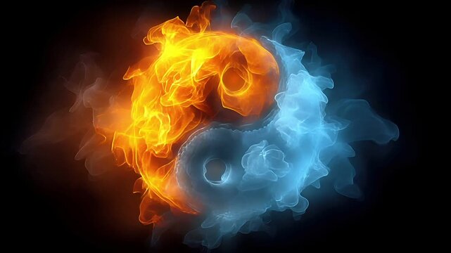 Yin Yang, Chinese philosophy, harmony, balance, Taoism. A vivid digital artwork depicts a fiery, swirling yinyang symbol. The symbol is composed of two halves, one fiery orange and one cool blue.