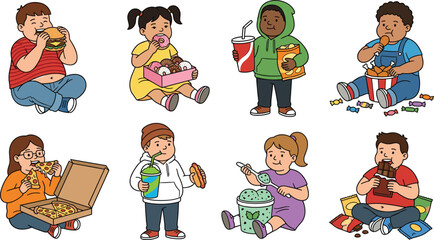 Fototapeta premium Overweight and Plus Size Kids Eating Fast Food Vector Character Set with Children Enjoying Pizza Burgers Donuts Chips Ice Cream and Chocolate