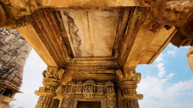 Khajuraho. Chaunsat Yogini Temple. Dedicated to the goddess Kali. Unesco World Heritage Siteing bas relief panorama, Lakshmana Temple, Khajuraho, India. Unesco World Heritage Site


