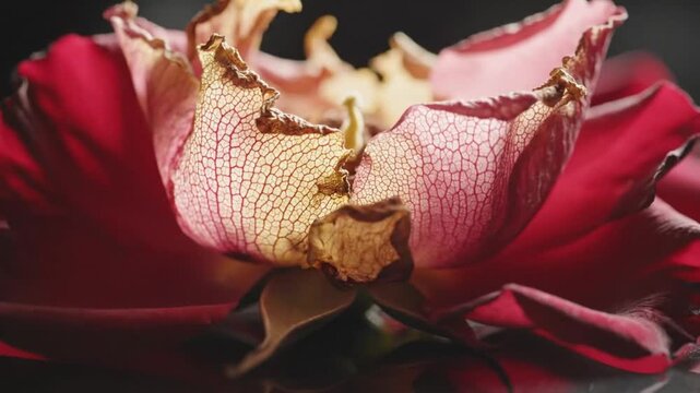 Macro view of a single decaying red rose bud with wilting translucent petals and dried curled edges resting on a reflective dark surface against a black background.