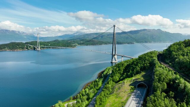 Aerial shot of the Halogaland Suspension Bridge near the town of Narvik in Northern Norway.