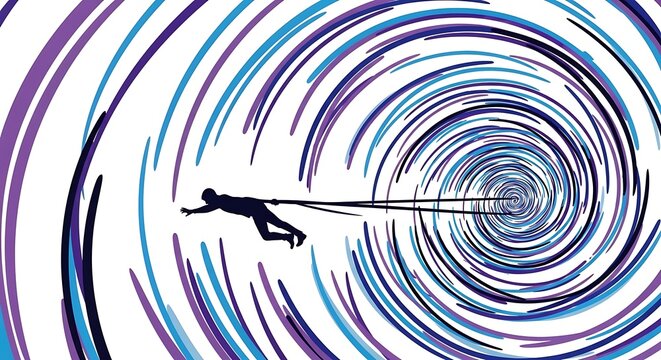 Abstract blue and white spiral pattern with arrow marker.