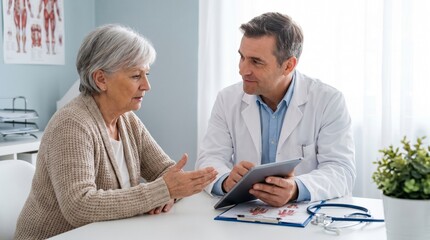Fototapeta premium Senior woman consulting with a male doctor in a clinic, discussing health concerns and receiving medical advice during an appointment.