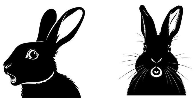 Two black silhouette rabbit heads side and front views