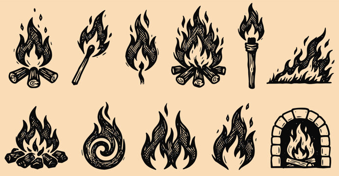 Hand drawn vintage fire flame icons collection featuring campfires burning matches torches and blazing fireplaces for retro designs vector illustration