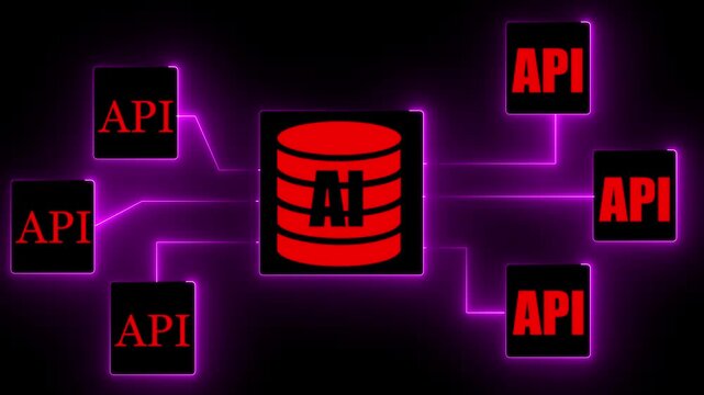 API automation technologies. Workflow integration and data exchange for cloud servers, glowing neon sign on red wall 4k video.