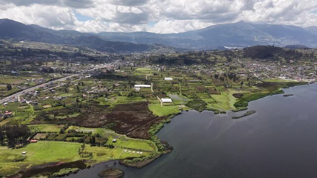 Aerial View of San Pablo Lake and Otavalo Mountains Ecuador