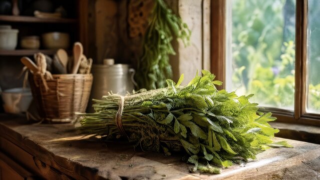 Rustic kitchen windowsill with bundles of drying lovage herbs on a wooden surface in soft afternoon light.