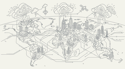 Obraz premium Global Network Connection: Digital Cloud Computing & Smart Cities World Map Illustration
