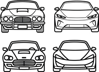 Obraz premium Modern and classic car front view outline icons, set of 4 vehicle line art vectors, minimalist automotive illustrations for logo design