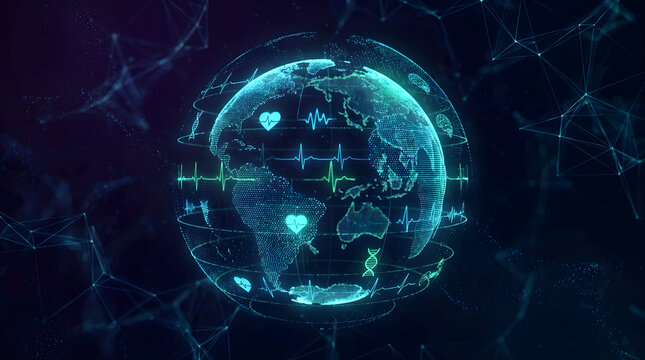 Digital globe earth with medical health data and heart icons technology internet communication connectivity information medicine wellness monitoring healthcare abstract