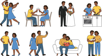Fototapeta premium Happy Romantic Couple Life Stages Vector Set with Dating Wedding Cooking Walking and Holding Newborn Baby Character Illustrations