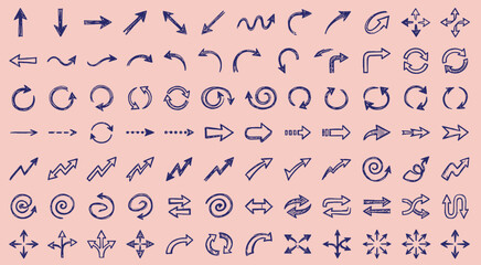 Obraz premium Hand drawn dark blue arrows collection with different shapes pointing directions swirls and loops on pink background vector illustration