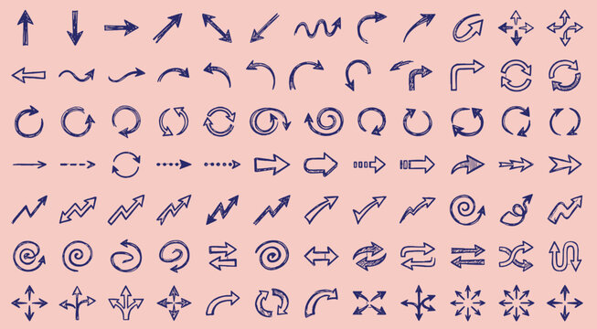 Hand drawn dark blue arrows collection with different shapes pointing directions swirls and loops on pink background vector illustration