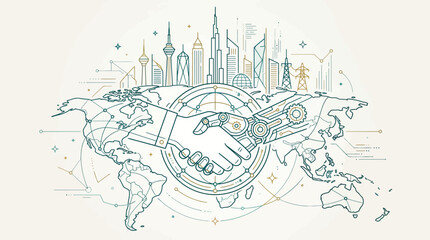 Global Partnership: Handshake with Futuristic Cityscape and World Map Outline © Wild