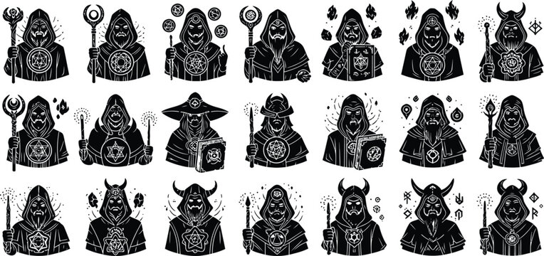 Mystical wizard avatar set, dark fantasy sorcerer character icons, 21 occult mage vector illustrations, hooded necromancer and warlock silhouettes