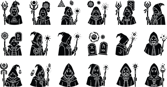 Fantasy wizard and necromancer glyph icons, 18 magic sorcerer character avatars, black silhouette occult mage vector set for gaming