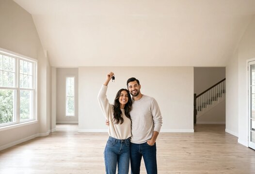 Happy couple holding keys moving into new home
