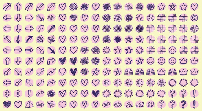 Cute hand drawn doodle icons collection featuring arrows hearts stars rainbows and creative sketch elements for social media design vector illustration