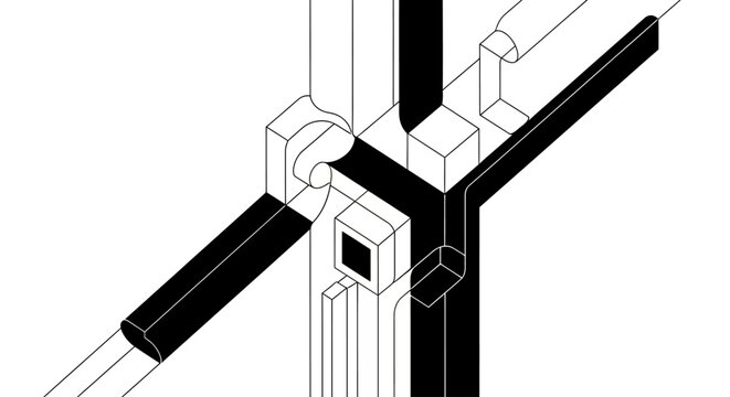 Abstract isometric design with black and white geometric shapes.