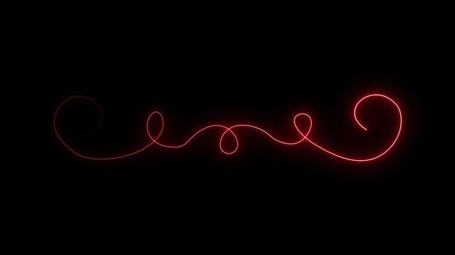 Elegant neon ornamental swirl divider flourish decorative line, line, scroll red vintage invitation graphic abstract, illustration, black background, 4k video.