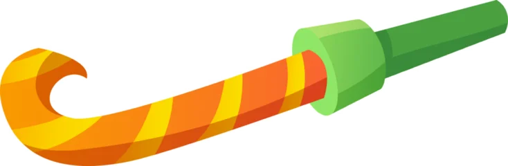 Party blower with green mouthpiece and orange striped paper for celebrations © Tartila