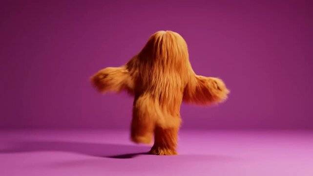 Playful Furry Monster Dancing with Arms Outstretched on Vibrant Purple Background, Ideal for Fun Marketing Campaigns or Children's Content.