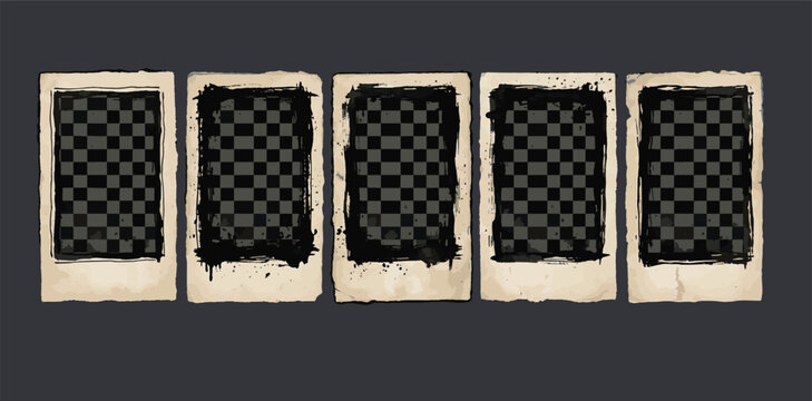 Set of five blank vintage photo frames with dirty grunge borders isolated on dark background for your text vector illustration