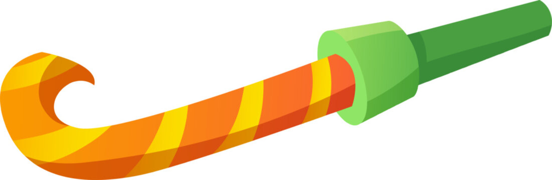 Party blower with green mouthpiece and orange striped paper for celebrations
