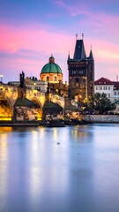 Fototapeta premium A blurred image of a serene cityscape at dusk with a river flowing gently in the foreground