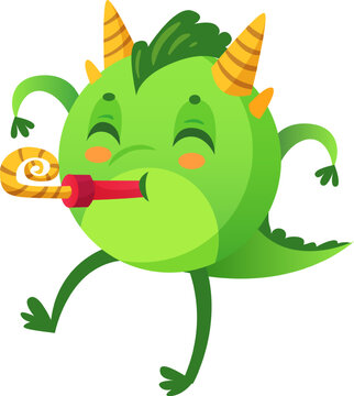 Cute cartoon monster happily blowing a party noisemaker at a festive celebration