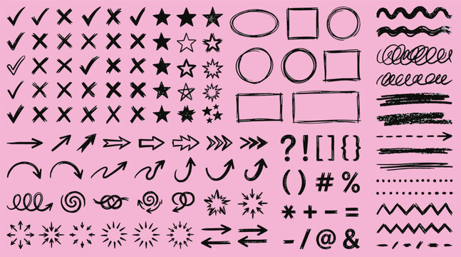 Hand drawn doodle check marks arrows shapes symbols and underline borders set for school or business presentation vector illustration