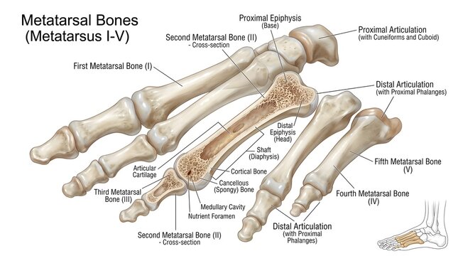 Oblique Anatomical Illustration of the First Through Fifth Metatarsal Bones of the Human Foot Showing Proximal Epiphyses, Shafts, Distal Heads, Articulations with Cuneiforms and Cuboid, and Internal C