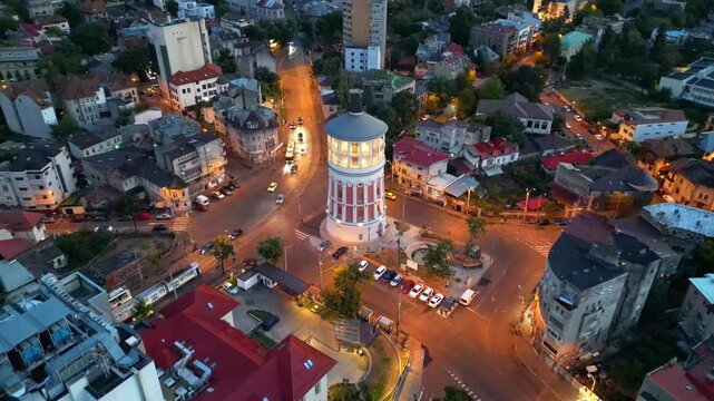 Cinematic high angle night view of the illuminated Bucharest fire tower in Romania. Iconic historic brick landmark surrounded by glowing city lights.