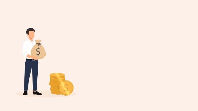 Businessman Holding Money Bag with Gold Coins On Clean Background with Large Copy Space. Minimal Flat Design Animation. Concept of Financial Success, Wealth Management, Savings, and Investment