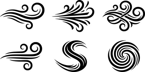 Fototapeta premium Stylized Black Wind Swirls and Decorative Air Flow Icons Collection for Weather, Motion, Nature, and Abstract Design Elements