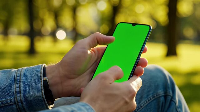 Man Using Smartphone with Chroma Key Green Screen in Sunny Park Close-up of Hands Tapping and Scrolling Mobile Device Outdoors