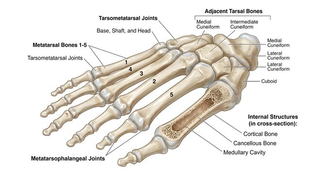 Annotated Dorsal Skeletal View of the Human Foot Depicting Tarsal Bones, Metatarsal Bones One to Five, Metatarsophalangeal Joints, Tarsometatarsal Joints, and Internal Bone Structure Including Cortica