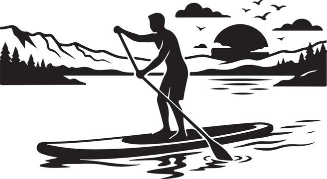 Stand up paddleboard, sup surfing, lake sports, outdoor recreation, black silhouette vector