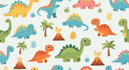 Fototapeta premium Seamless pattern of colorful cartoon dinosaurs with volcanoes and palm trees.
