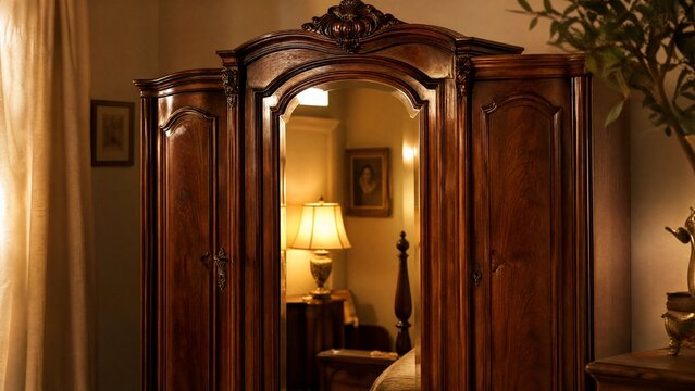 Vintage wooden armoire with ornate mirror, polished surface in warm golden light.