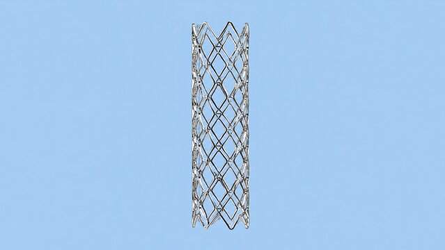 A single metallic mesh stent with an open lattice on a solid light blue background.