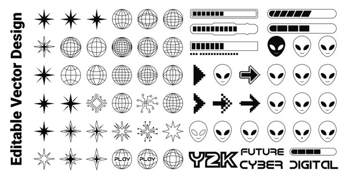 Editable vector design elements in a Y2K, future, cyber, and digital aesthetic. Includes stars, globes, alien heads, loading bars, pixel arrows, and circuit patterns. Ideal for retro-futuristic design