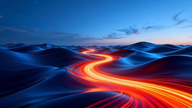 Abstract glowing path on undulating terrain